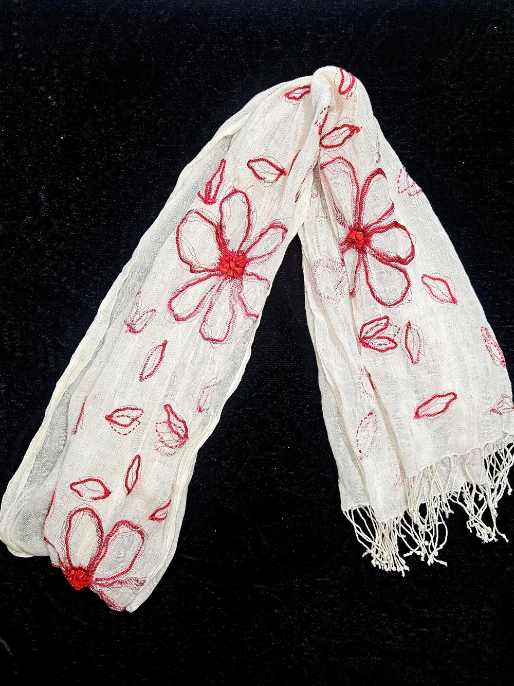 Embroidered Floral White Scarf with Red Accents